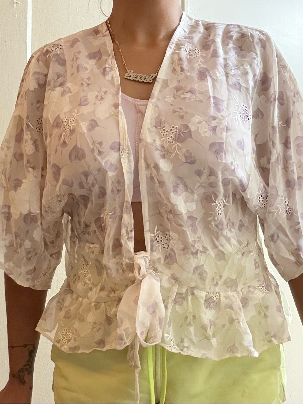 LC Lauren Conrad Lavender Floral Tie-Front Peplum Blouse